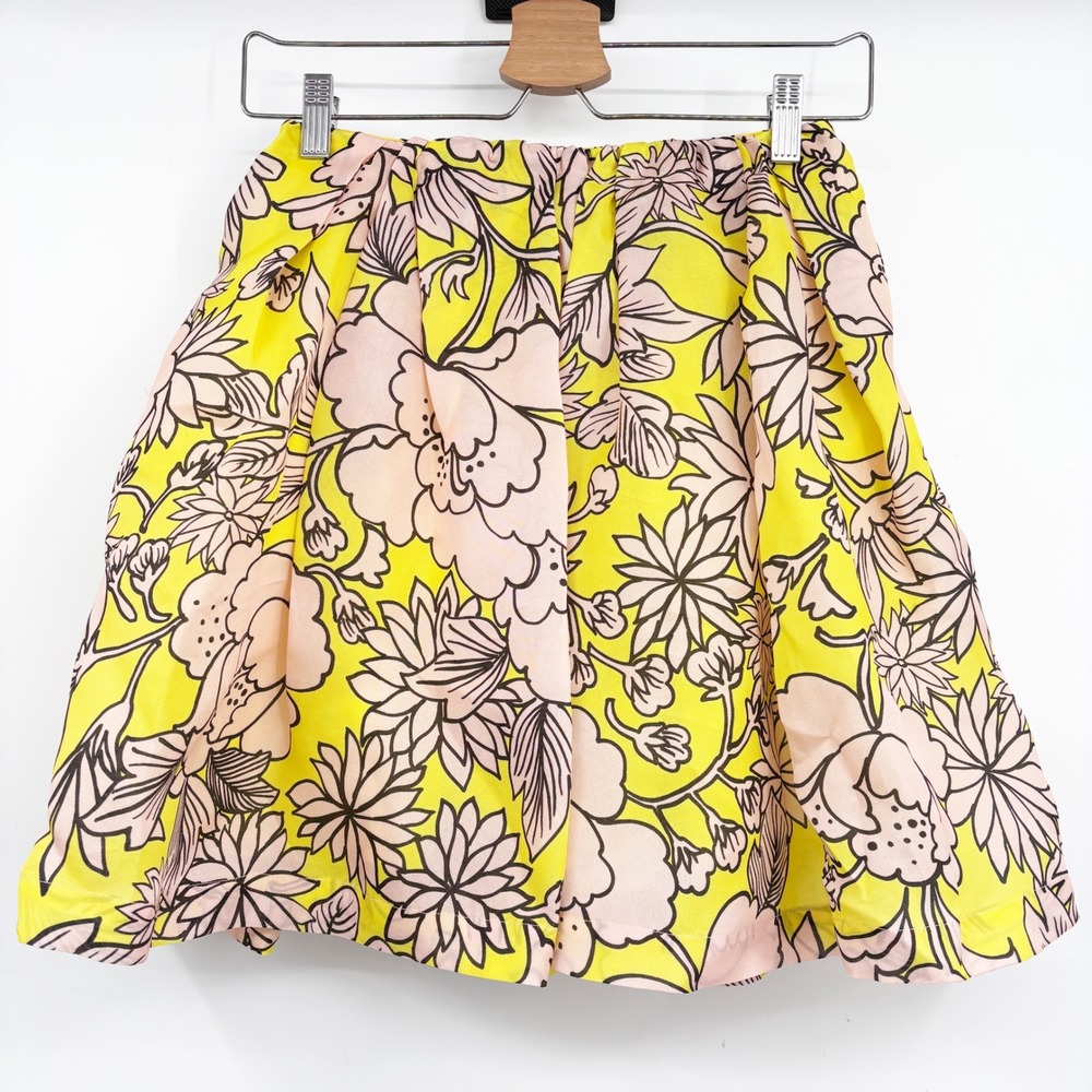 MSGM Womens Yellow Floral Textured Silk Pleated Italian Chic Mini Skirt Size 38